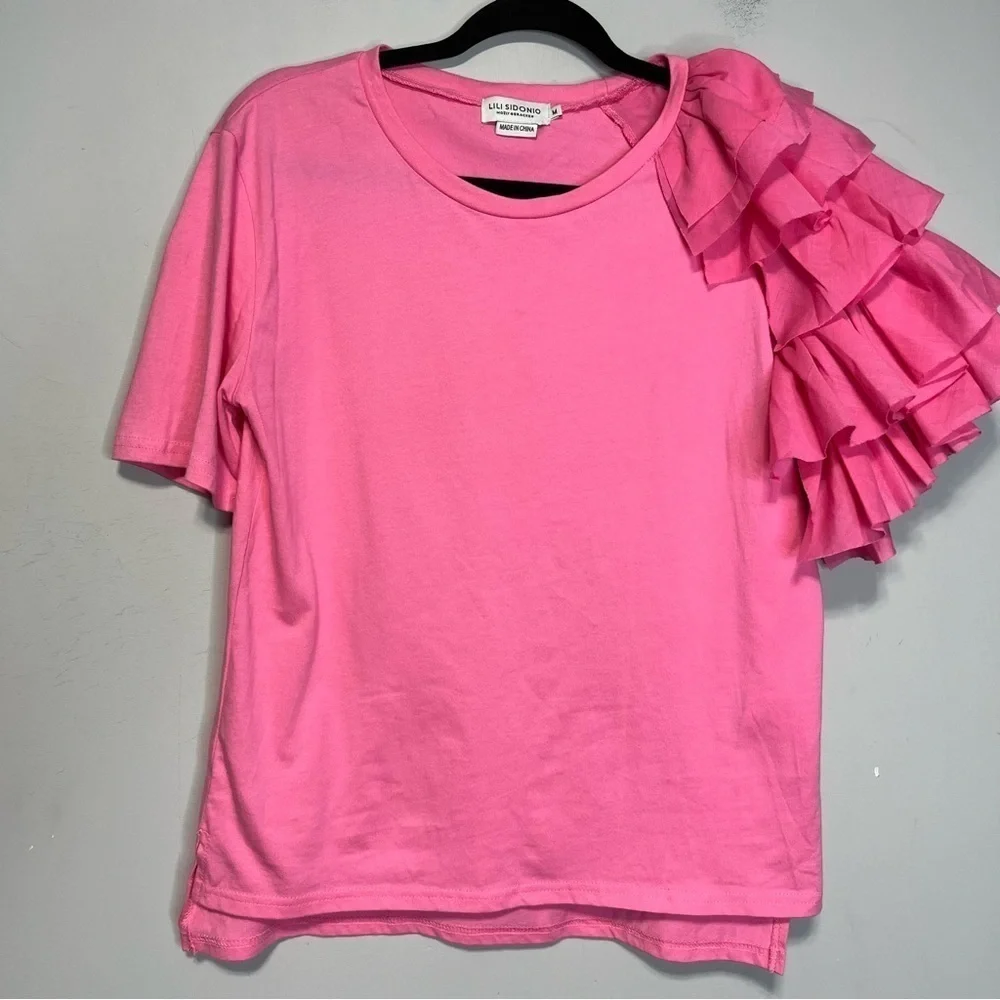 Molly Bracken Lili Sidonio Ruffle Sleeve Preppy Soft Tee Shirt Blouse Top Pink-M - Picture 3 of 12